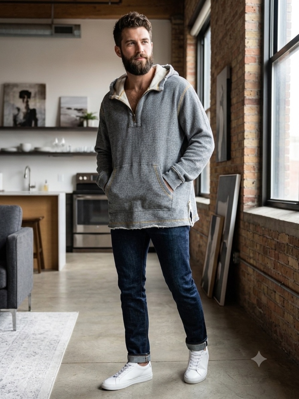 Carbon2Cobalt Grey Herringbone Cotton 1/4 zip soft warm Hoodie XXL